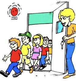 Clipart of students exiting a classroom for a fire drill. 